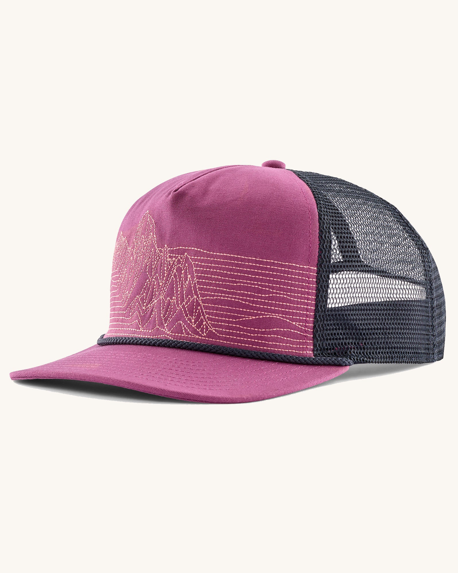 Patagonia airfarer cap in dark pink on the front and dark blue mesh back panel. Shows a stitched mountain design on the front 