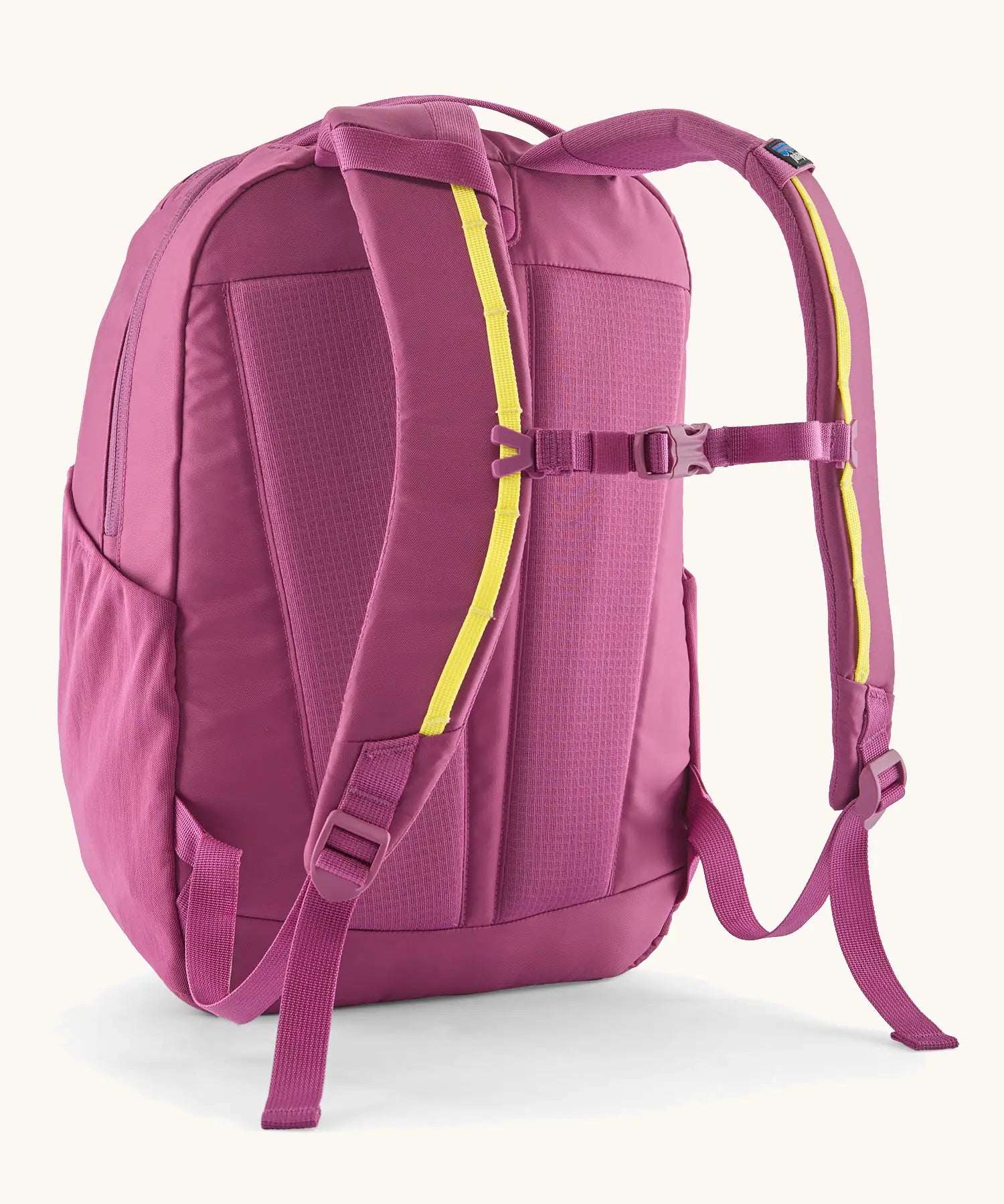 Patagonia atom 24 litre day pack in pink and matching shoulder straps and quick release buckle 