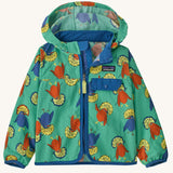 Patagonia baby baggies hooded jacket in green with repeating red and blue bird design. Shows a full front zip and blue chest pocket