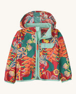 Patagonia red baby baggies hooded jacket with repeating abstract tropical pattern. Shows a full front zip and yellow chest pocket