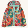 Patagonia red baby baggies hooded jacket with repeating abstract tropical pattern. Shows a full front zip and yellow chest pocket