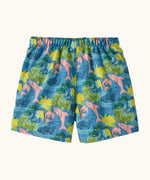 Back of Patagonia baby baggies quick drying shorts in blue with repeating tropical dolphin design.