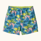 Patagonia baby baggies quick drying shorts in blue with repeating tropical dolphin design. Shows elasticated waist band