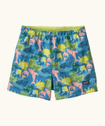 Patagonia baby baggies quick drying shorts in blue with repeating tropical dolphin design. Shows elasticated waist band