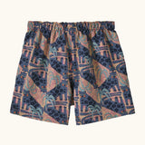 Back of Patagonia baby baggies quick drying shorts in blue with repeating abstract and lion design. 