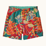 Patagonia baby baggies quick drying shorts in red with repeating abstract floral design. Shows elasticated waist band