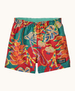 Patagonia baby baggies quick drying shorts in red with repeating abstract floral design. Shows elasticated waist band
