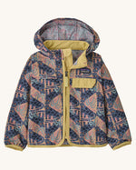Patagonia baby baggies hooded jacket with repeating abstract and blue lion design. Shows a full front zip and yellow chest pocket