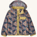 Patagonia baby baggies hooded jacket with repeating abstract and blue lion design. Shows a full front zip and yellow chest pocket