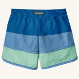 Back of Patagonia's baby quick drying boardshorts in a blue striped design. Shows elastic waistband 