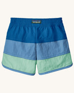 Back of Patagonia's baby quick drying boardshorts in a blue striped design. Shows elastic waistband 