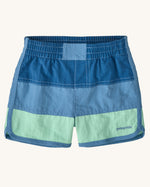 Patagonia's baby quick drying boardshorts in a blue striped design. Shows elastic waistband 