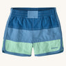 Patagonia's baby quick drying boardshorts in a blue striped design. Shows elastic waistband 