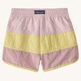 Back of Patagonia's baby quick drying boardshorts in a pink and yellow stripe design. Shows elastic waistband 