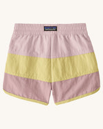 Back of Patagonia's baby quick drying boardshorts in a pink and yellow stripe design. Shows elastic waistband 