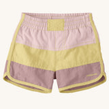 Patagonia's baby quick drying boardshorts in a pink and yellow stripe design. Shows elastic waistband 