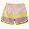 Patagonia's baby quick drying boardshorts in a pink and yellow stripe design. Shows elastic waistband 