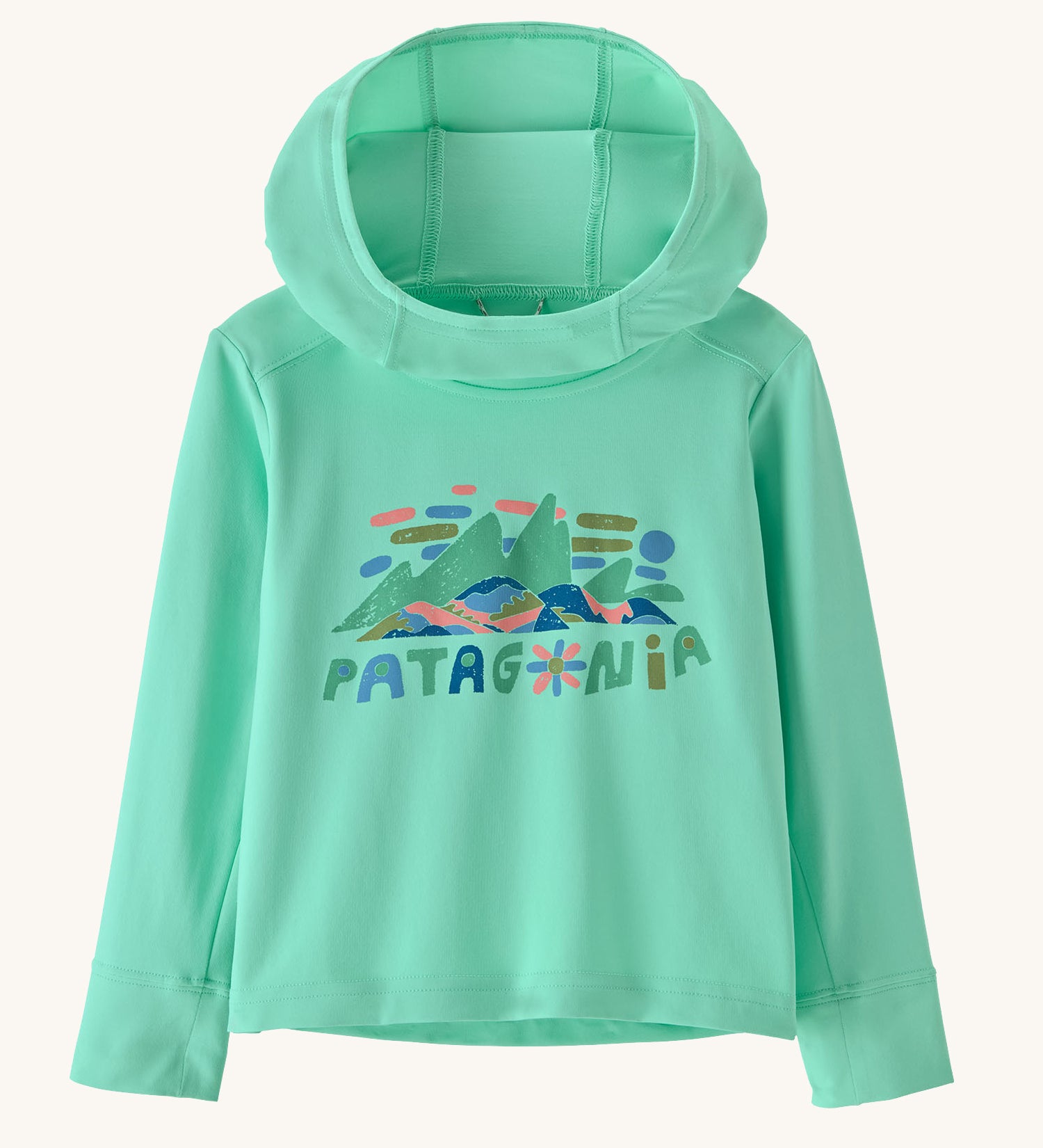 Patagonia little kids hoody fitz roy superbloom in light turquoise with playful style brand  graphic on the front