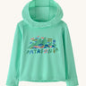 Patagonia little kids hoody fitz roy superbloom in light turquoise with playful style brand  graphic on the front