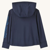Back of Patagonia little kids organic cotton hoody fitz roy superbloom in navy, showing the hood down 
