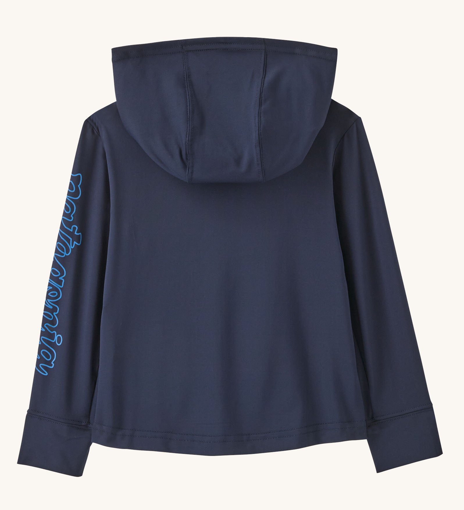 Back of Patagonia little kids organic cotton hoody fitz roy superbloom in navy, showing the hood down 