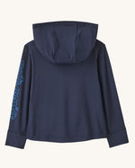 Back of Patagonia little kids organic cotton hoody fitz roy superbloom in navy, showing the hood down 