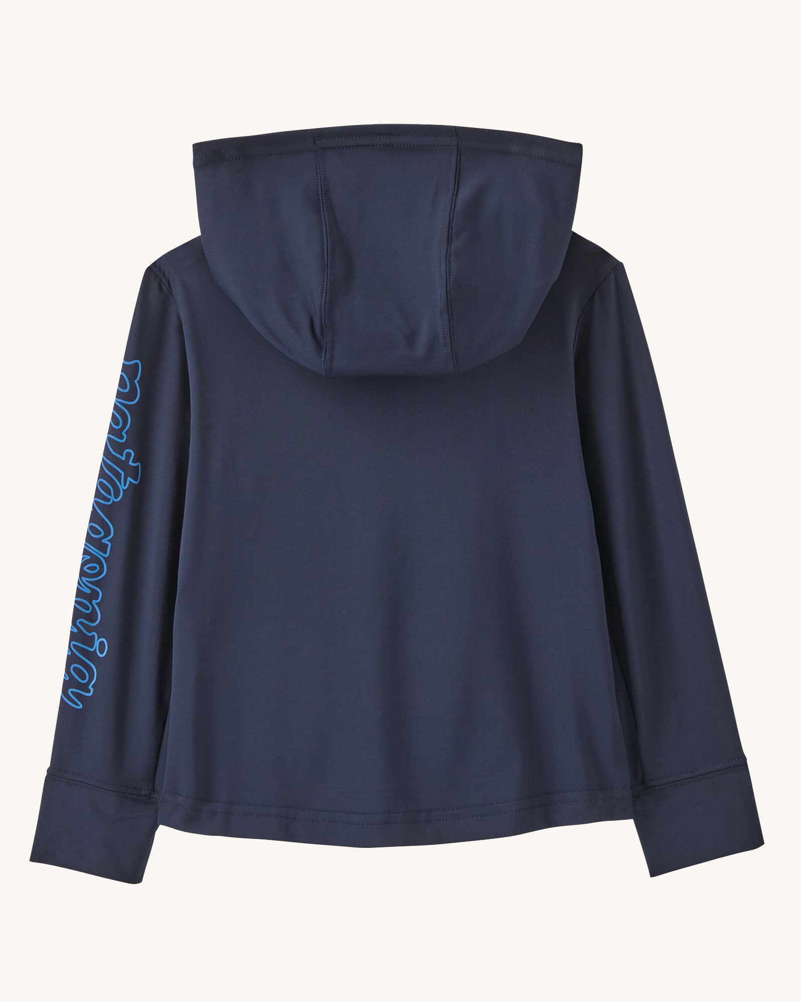 Back of Patagonia little kids organic cotton hoody fitz roy superbloom in navy, showing the hood down 