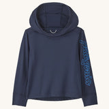 Patagonia little kids organic cotton hoody fitz roy superbloom in navy with light blue brand text on sleeve 