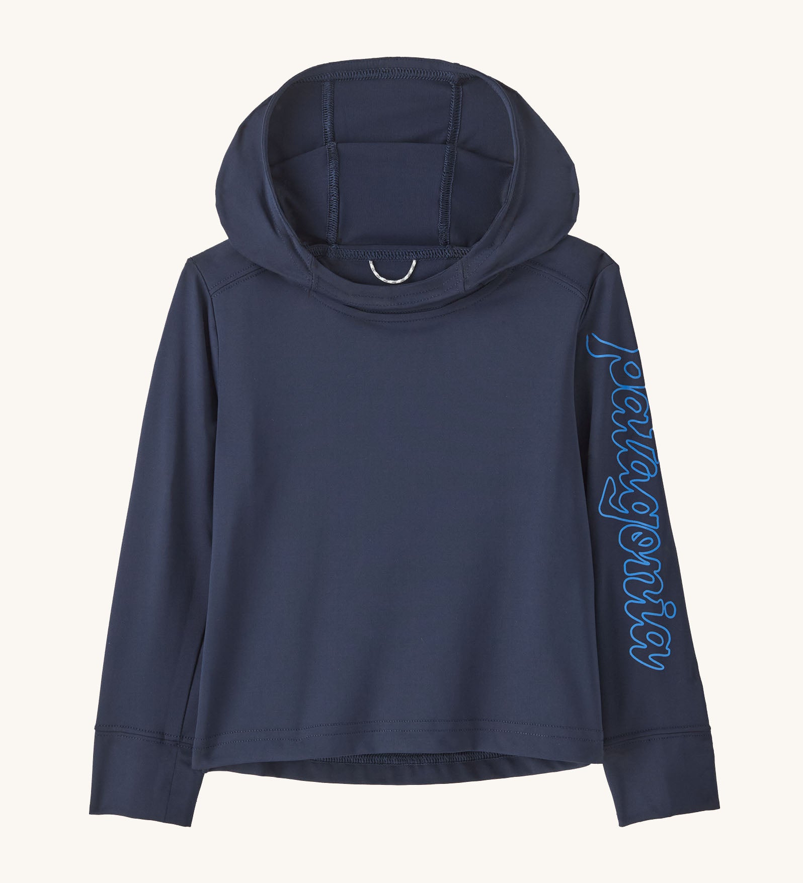 Patagonia little kids organic cotton hoody fitz roy superbloom in navy with light blue brand text on sleeve 