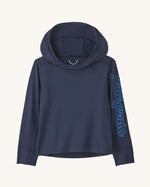 Patagonia little kids organic cotton hoody fitz roy superbloom in navy with light blue brand text on sleeve 
