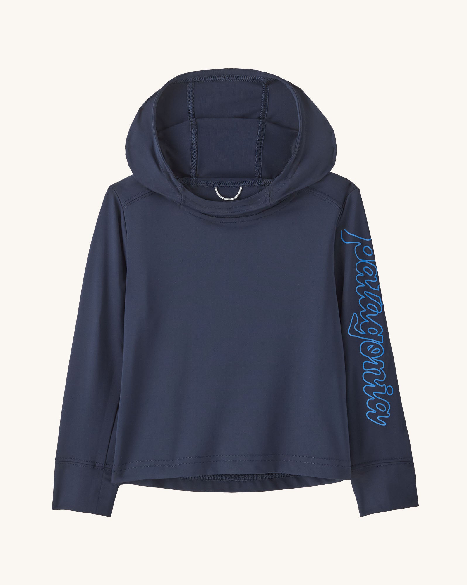 Patagonia little kids organic cotton hoody fitz roy superbloom in navy with light blue brand text on sleeve 