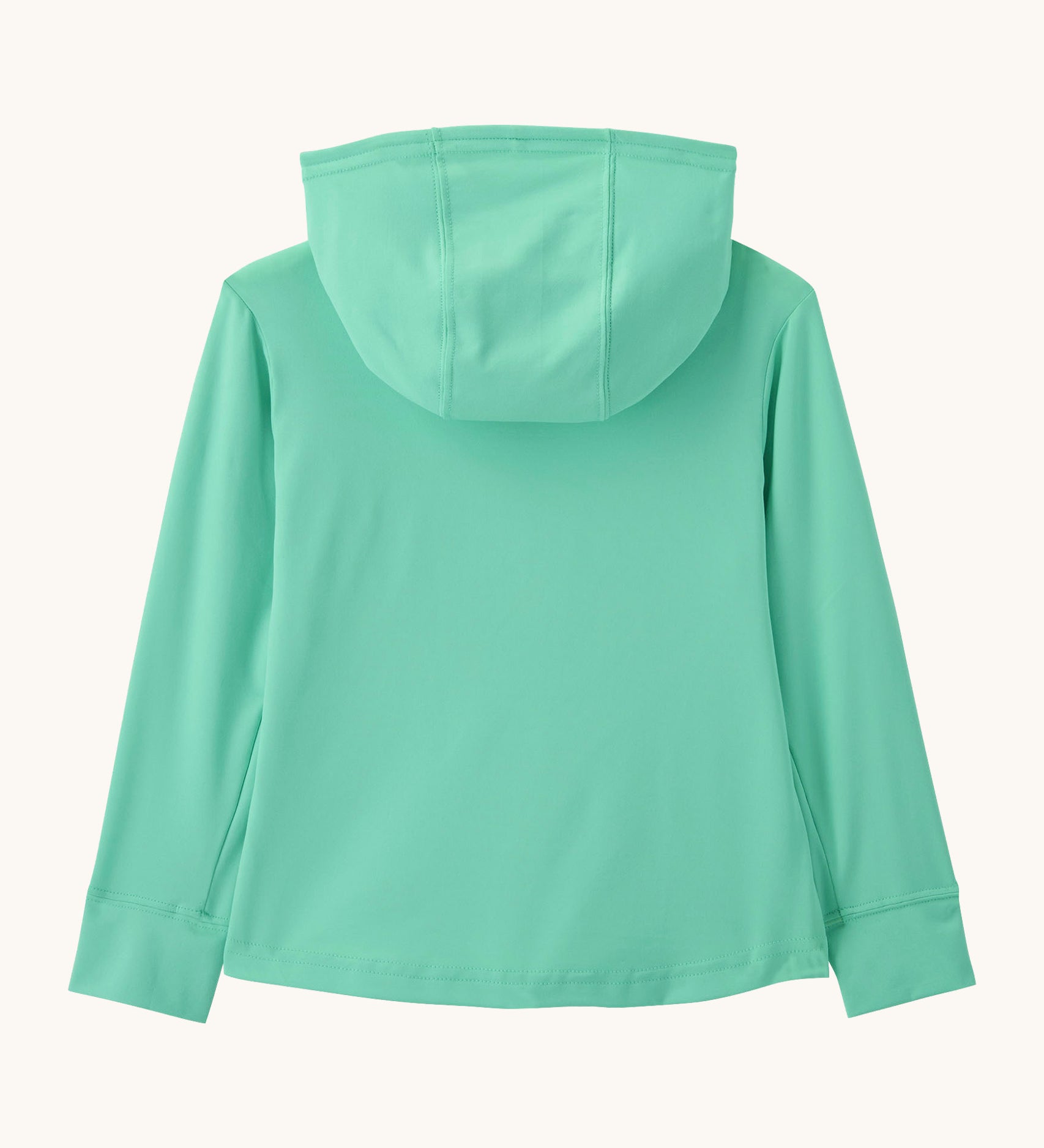 Back of Patagonia little kids hoody fitz roy superbloom in light turquoise. Shows the hood down
