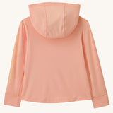 Back of Patagonia little kids organic cotton fitz roy superbloom hoody in peach, showing the hood down 