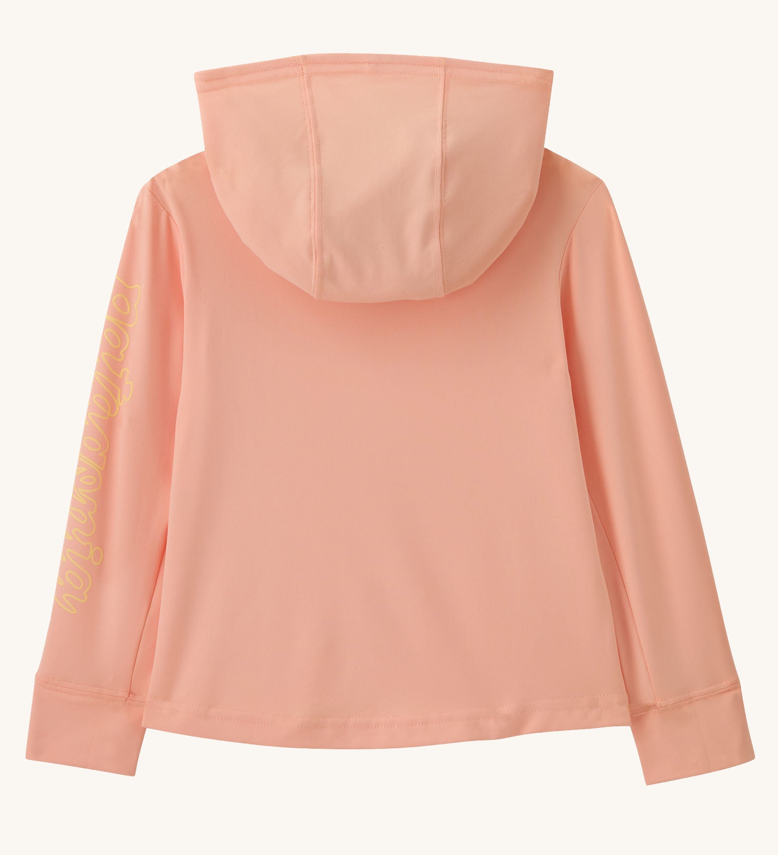 Back of Patagonia little kids organic cotton fitz roy superbloom hoody in peach, showing the hood down 