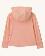 Back of Patagonia little kids organic cotton fitz roy superbloom hoody in peach, showing the hood down 