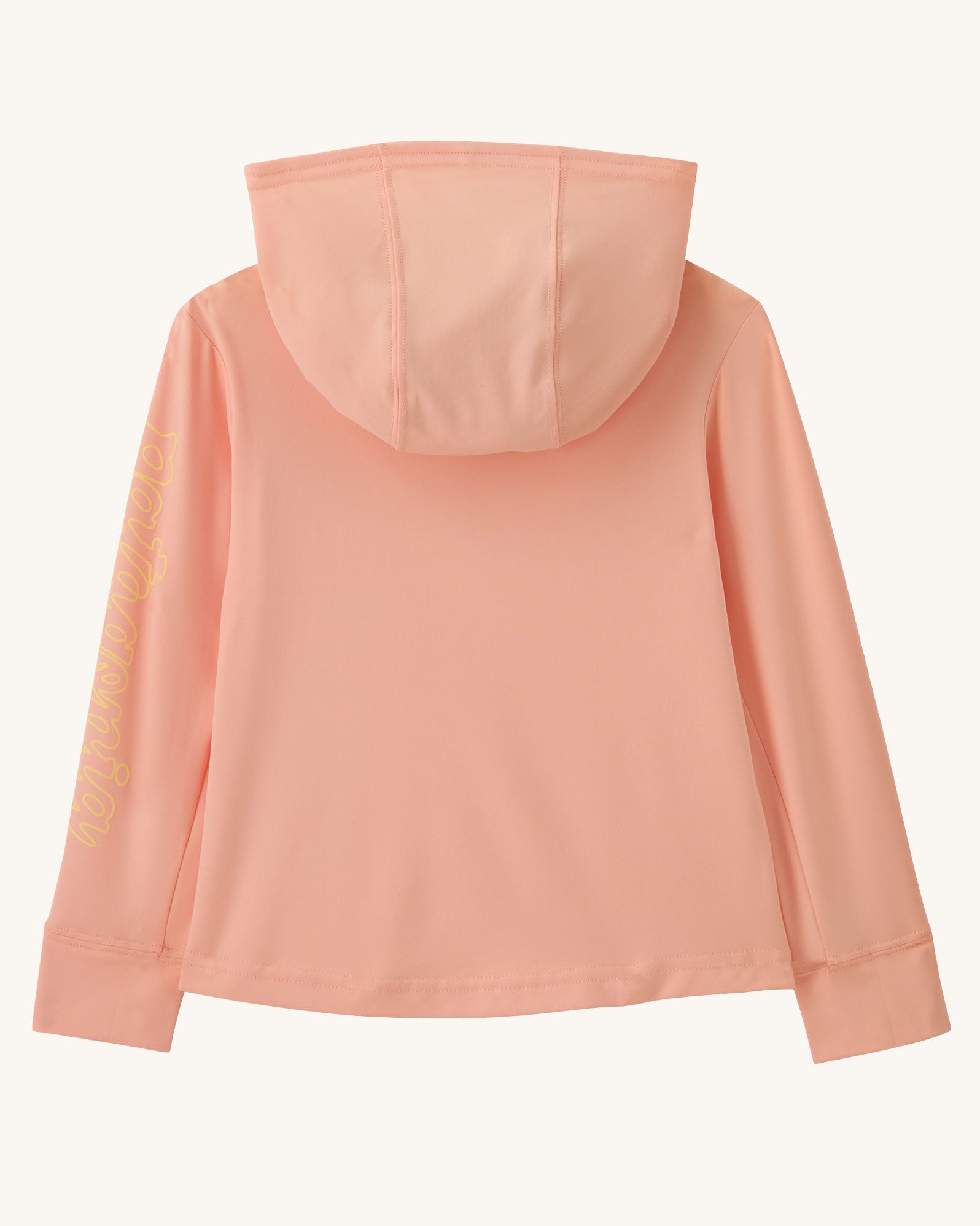 Back of Patagonia little kids organic cotton fitz roy superbloom hoody in peach, showing the hood down 