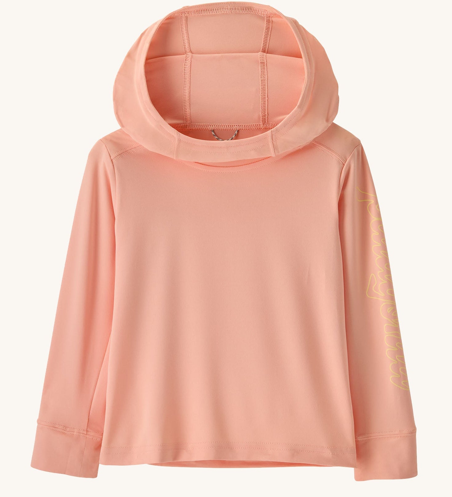 Patagonia little kids organic cotton fitz roy superbloom hoody in peach with light yellow brand text on sleeve 
