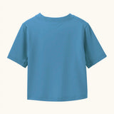 Back of Patagonia's little kids capeline short sleeve t-shirt in blue. T-shirt has a relaxed fit