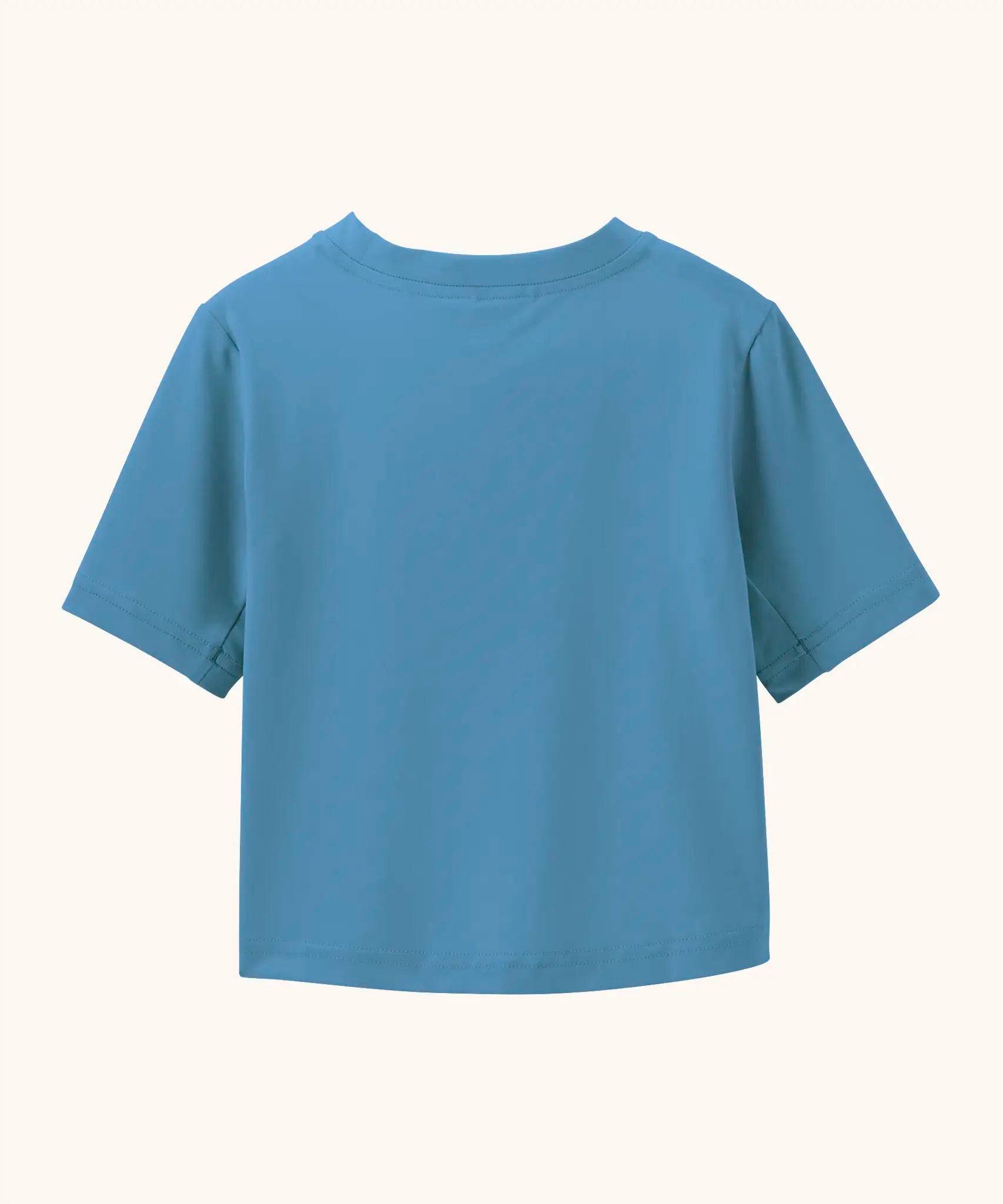 Back of Patagonia's little kids capeline short sleeve t-shirt in blue. T-shirt has a relaxed fit