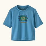 Patagonia's little kids capeline short sleeve t-shirt in blue with a funky turtle graphic on upper body