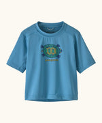 Patagonia's little kids capeline short sleeve t-shirt in blue with a funky turtle graphic on upper body