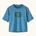 Patagonia's little kids capeline short sleeve t-shirt in blue with a funky turtle graphic on upper body