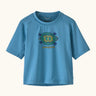 Patagonia's little kids capeline short sleeve t-shirt in blue with a funky turtle graphic on upper body