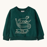 Patagonia Baby Crew Sweatshirt in skisel/cascade green available at Babipur. A green sweater with a funky animal graphic on ski's on the front.