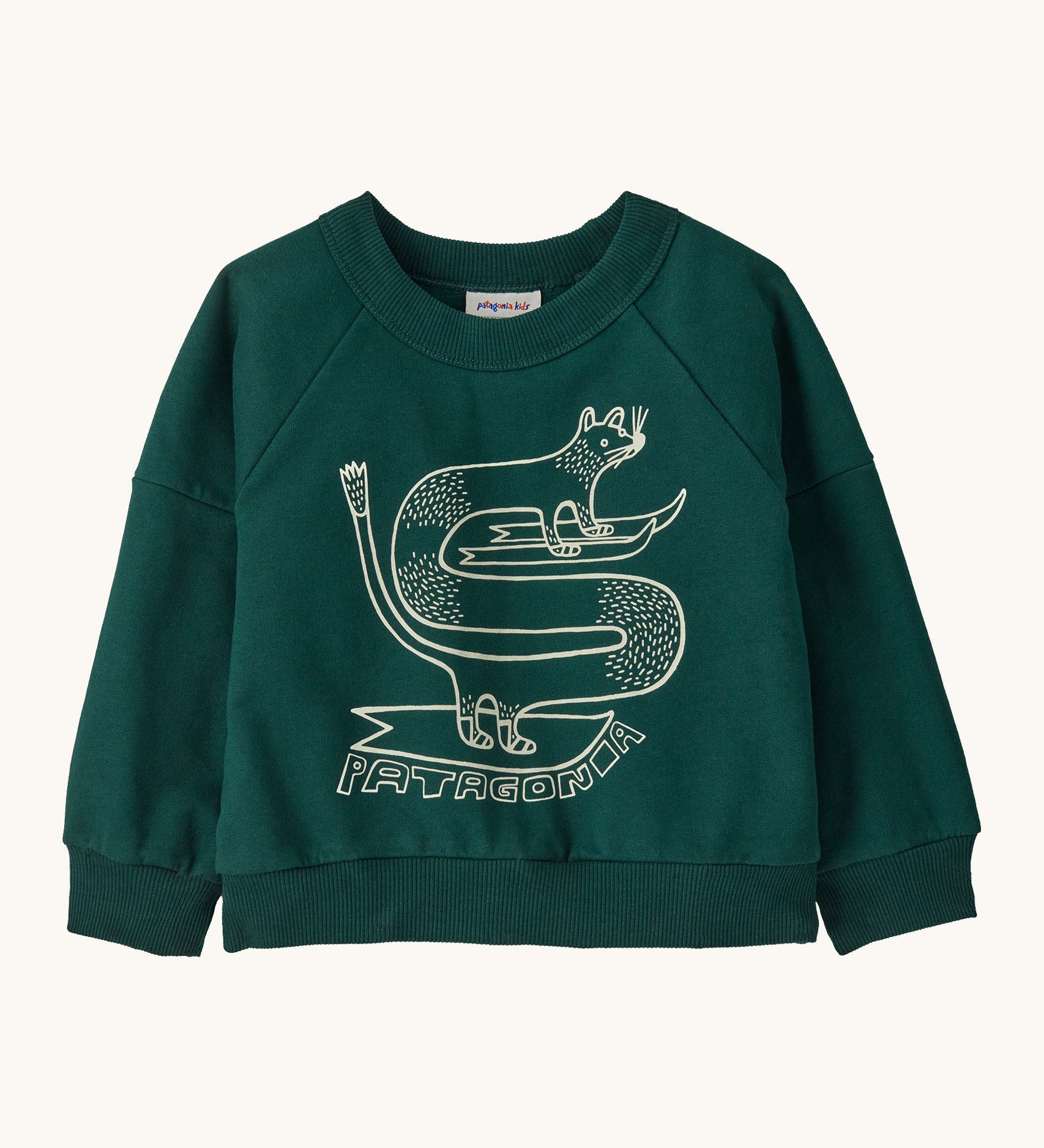 Patagonia Baby Crew Sweatshirt in skisel/cascade green available at Babipur. A green sweater with a funky animal graphic on ski's on the front.