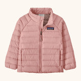 Patagonia water repellent little kids down puffer sweater jacket in pale pink. Features a full front zip and side pockets