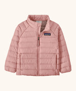 Patagonia water repellent little kids down puffer sweater jacket in pale pink. Features a full front zip and side pockets