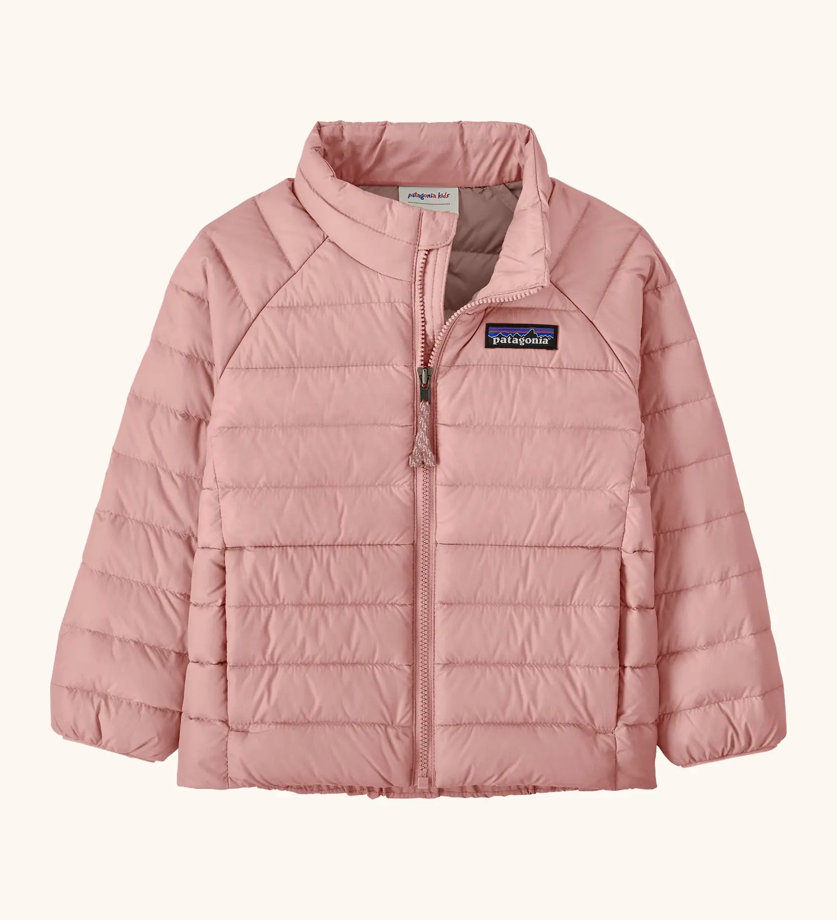 Patagonia water repellent little kids down puffer sweater jacket in pale pink. Features a full front zip and side pockets