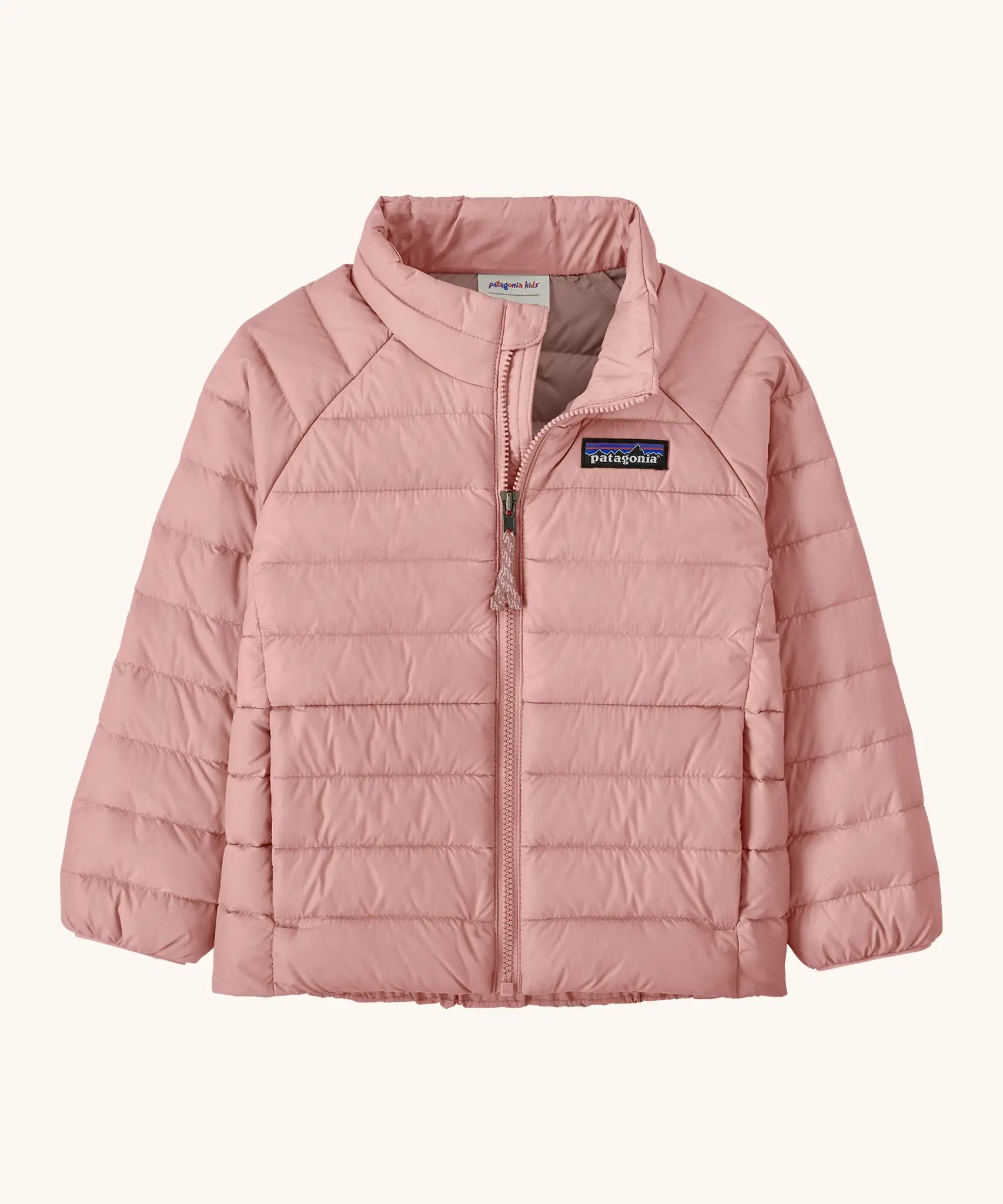 Patagonia water repellent little kids down puffer sweater jacket in pale pink. Features a full front zip and side pockets