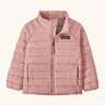Patagonia water repellent little kids down puffer sweater jacket in pale pink. Features a full front zip and side pockets